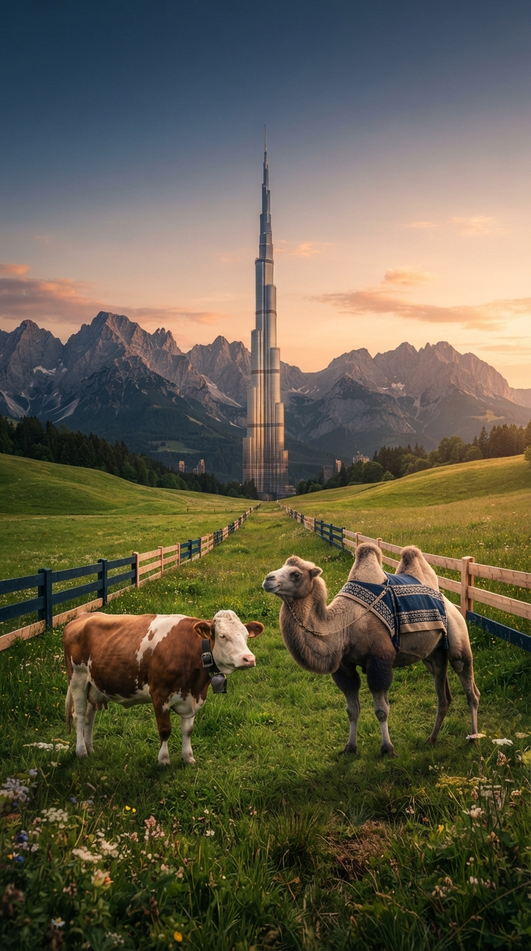 Tirol und Dubai mit Burj Khalifa, Kuh und Kamel